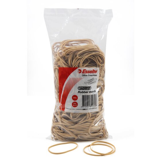 Esselte Superior rubber bands 500g bag with the red label reading Size No.33, standing upright with two loose bands on the ground in front