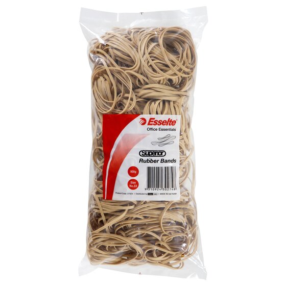 Flat front view of the full Esselte Superior No.33 500g bag, the printed label centred over a mass of natural bands