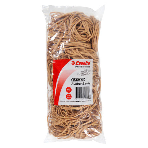 Esselte Superior No.33 natural rubber bands bag seen face on, with the Office Essentials header, 500g badge and barcode