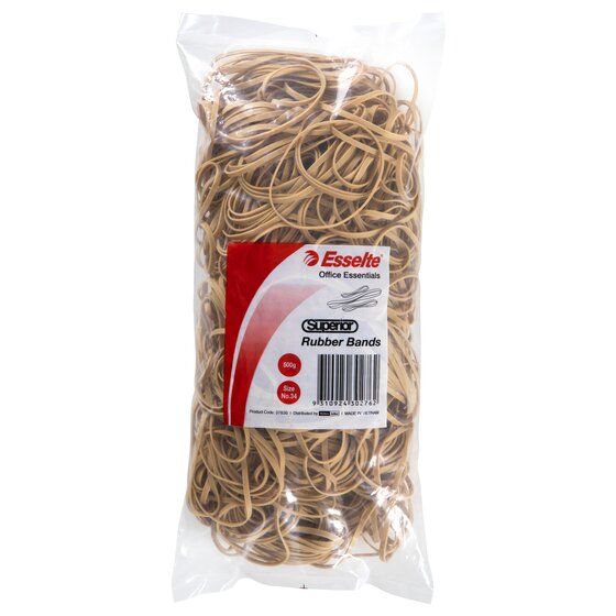 Full length view of an Esselte Superior 500g bag of No.34 bands lying flat, label with product code and Made in Vietnam line