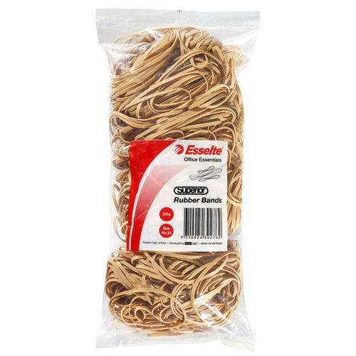 Esselte Superior Rubber Bands No. 34 natural colour 500g bag on white background