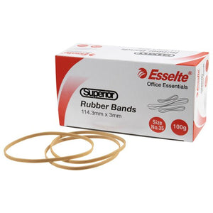 Esselte Superior rubber bands box printed Size No.35, 100g and 114.3mm x 3mm, with long natural bands looped on the table