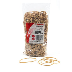 Upright clear bag of Esselte Superior rubber bands, label showing 500g and Size No.35, with several loose natural bands in front