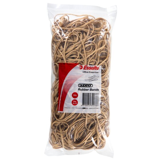 Esselte Superior No.35 rubber bands in a 500g bag laid flat, natural bands filling the clear plastic around the red label