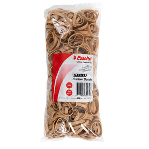 Clear 500g bag packed with broad flat Esselte Superior rubber bands, red and white label showing Size No.61 and the barcode
