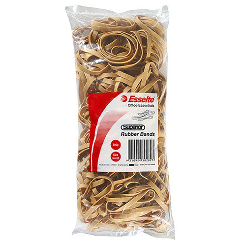 Esselte Superior No.63 rubber bands in a clear 500g bag, broad natural bands visible behind the red Office Essentials label