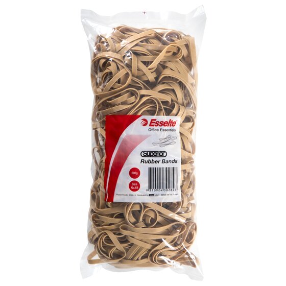 Flat lay of the Esselte Superior No.64 500g bag, broad natural bands packed around the printed Office Essentials label