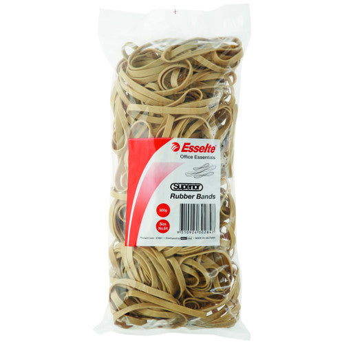 Esselte Superior No.64 rubber bands bag front, showing the red and white label, 500g badge and barcode through clear plastic