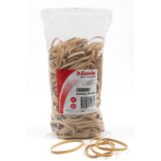 Clear 500g bag of broad natural Esselte Superior rubber bands with a red and white label reading Size No.65, loose bands in front