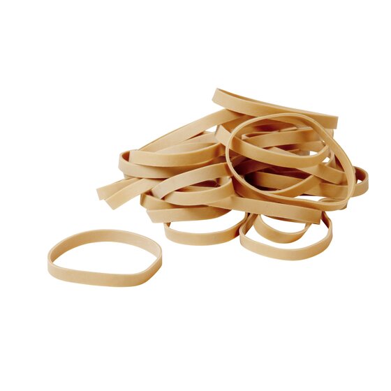 Loose pile of broad flat natural colour rubber bands with one band laid apart in the foreground