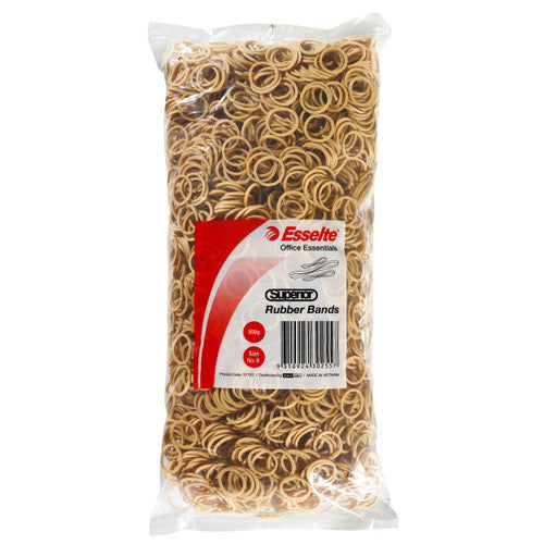 Esselte Superior Rubber Bands No 8 500g natural colour pack on white background