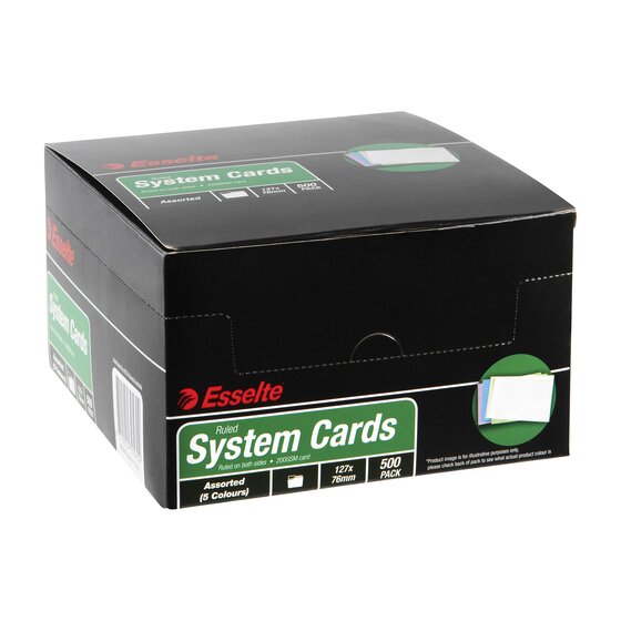 Esselte 451215 black display box of ruled system cards printed Assorted (5 Colours), 127x76mm and 500 Pack, with an open front panel