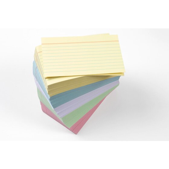 A fanned stack of Esselte ruled system cards in yellow, blue, green, pink and white, showing the feint lines on each colour