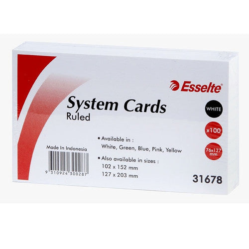 Esselte ruled system cards 127x76mm white 200gsm board pack of 100