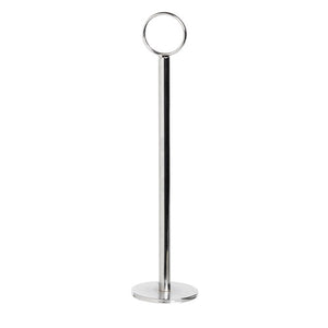 Esselte 31715 metal table number holder with a polished round base, straight stem and an empty ring clip at the top