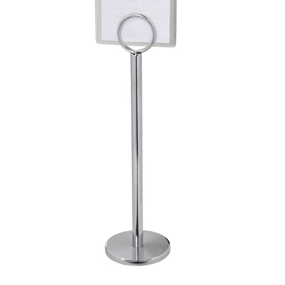 Esselte table number holder with a white card held in the ring clip at the top of its tall polished metal stem