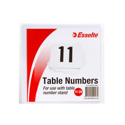 Esselte white plastic table number cards 11 to 20 fanned out on white background