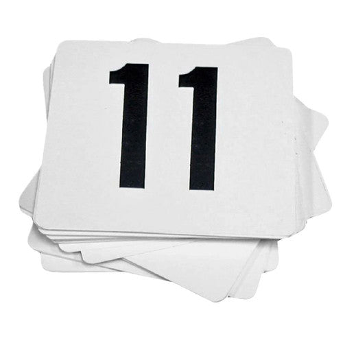 Close-up of Esselte table number card showing bold black number on white 10x10cm plastic card