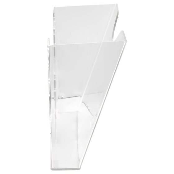 Side view of the empty Esselte clear wall document pocket, showing how the pocket tapers from the open top to a narrow base