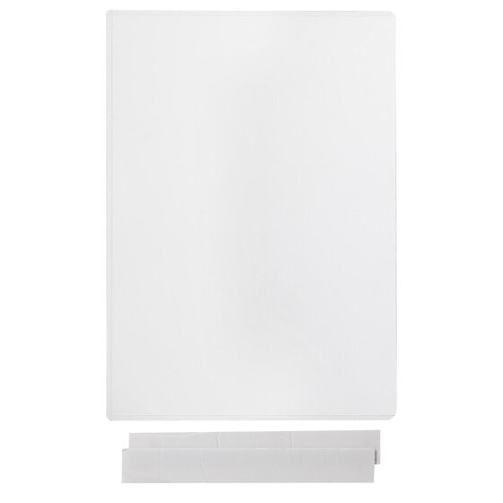 Empty clear Esselte A4 document display pocket with two white adhesive mounting strips laid below it