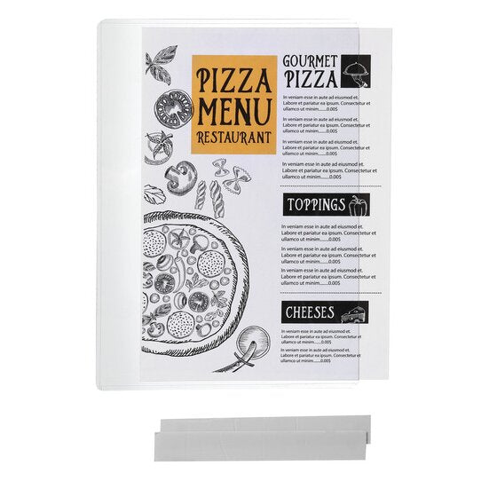 Esselte A4 document display holding a pizza restaurant menu, two adhesive strips shown underneath