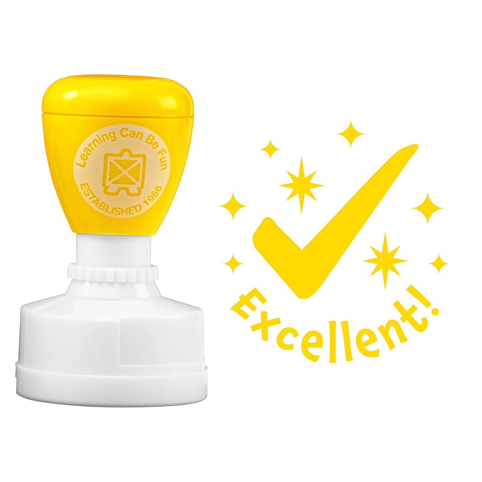 Product close up showing the Excellent Merit Stamp alongside the detailed tick and star artwork. The bright yellow design communicates achievement, accomplishment and positive classroom recognition.