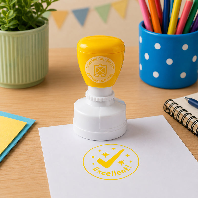 Self inking Excellent reward stamp shown in a colourful learning environment featuring pencils, notebooks and classroom resources. The bold yellow impression stands out clearly to celebrate student success.