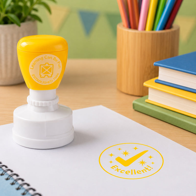 Learning Can Be Fun Excellent Merit Stamp displayed on a workbook with a bright yellow Excellent! impression. The self inking reward stamp sits beside colourful classroom books and pencils, creating an inviting educational setting.
