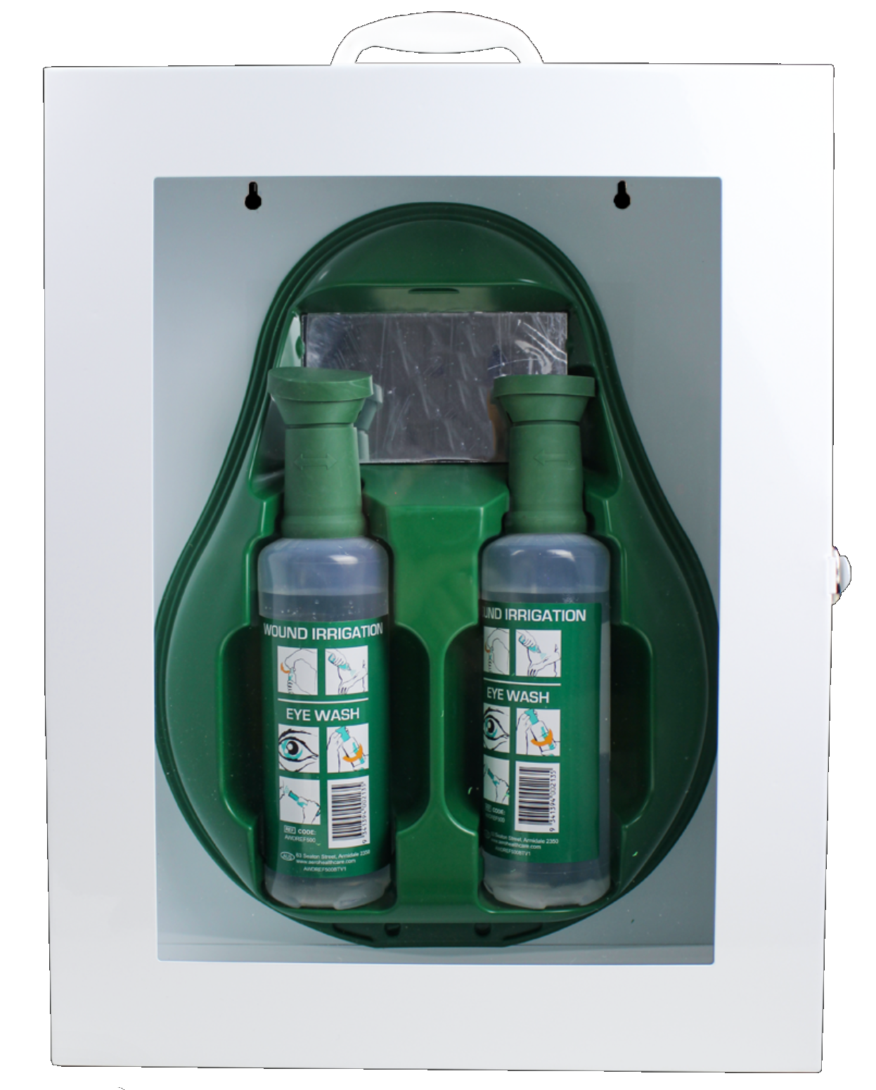 Eye wash station with two bottles in a clear display case on a white background