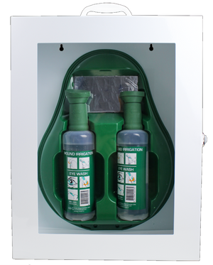 Eye wash station with two bottles in a clear display case on a white background