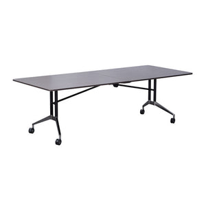 Rapidline Rapid Edge folding boardroom table 2400 x 1000mm in Driftwood: the open table with a dark grey driftwood top on a black frame with polished aluminium feet and castors