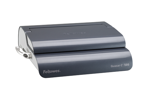Gray paper cutter with 'Fellowes' branding on a white background