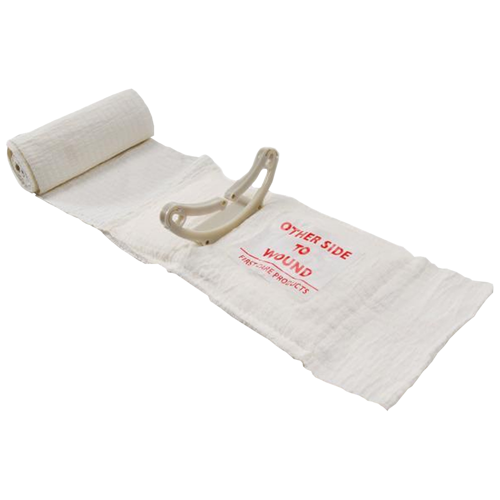 FIRSTCARE Civilian Trauma and Haemorrhage Control Bandage 10 x 17cm White showing all-in-one civilian trauma dressing with pressure bar and elastic wrap
