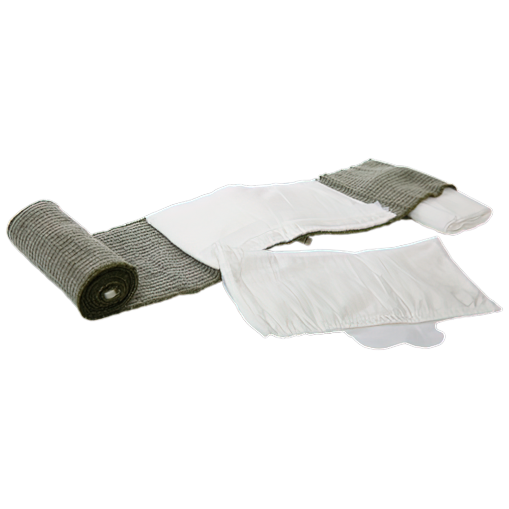 FIRSTCARE Military Tactical Trauma Treatment Bandage 10 x 17cm Green showing military pressure bandage with integrated closure bar for haemorrhage control