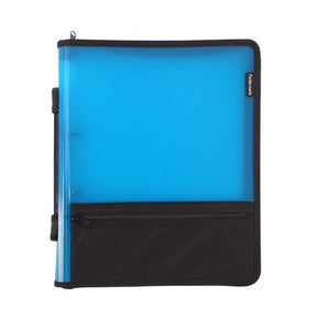 Front of the Foldermate zipper binder folio in blue, with the zipped front pocket on the black lower panel, the Foldermate logo on the cover edge and the carry handle on the spine