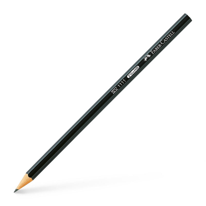 Single Faber-Castell 1111 HB pencil shown at an angle with black matt hexagonal barrel, white SV 1111 and HB grade print and sharpened natural wood tip