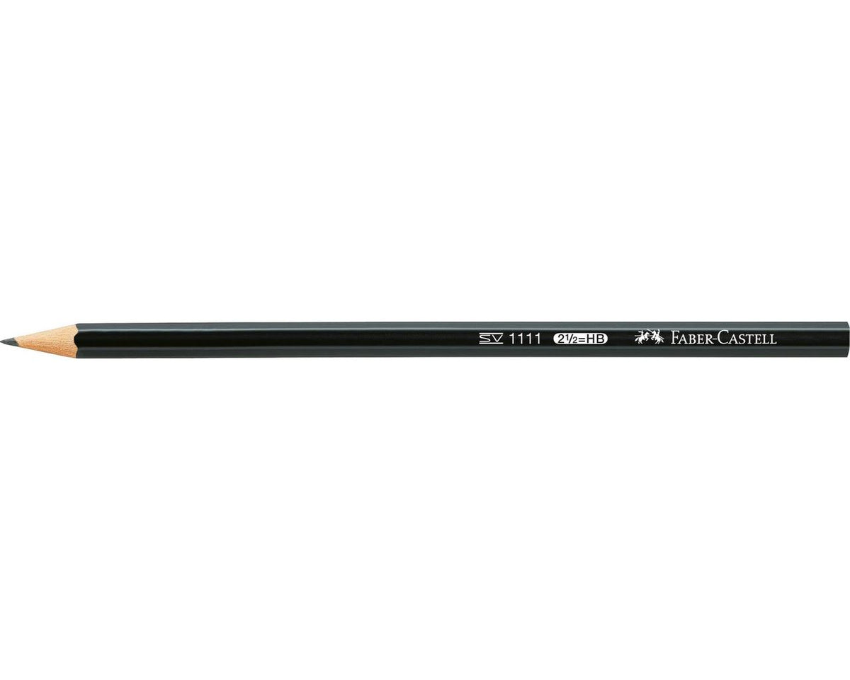 Faber-Castell 1111 graphite pencil lying horizontally showing the full black barrel, plain flat end with no eraser and the Faber-Castell knights logo