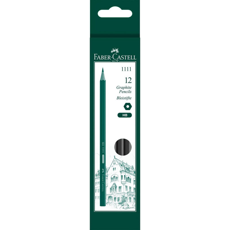 Faber-Castell 1111 box of 12 HB graphite pencils in dark green hanging pack with castle illustration, HB hexagon icon and black pencil ends visible through the window