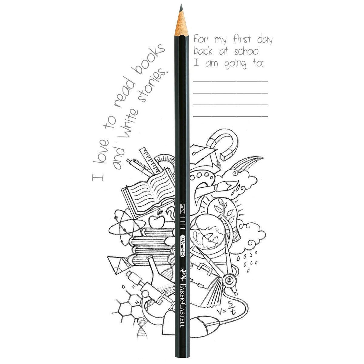 Faber-Castell 1111 HB pencil standing upright over a hand-drawn school doodle of books, a microscope and a globe with first day back at school writing lines