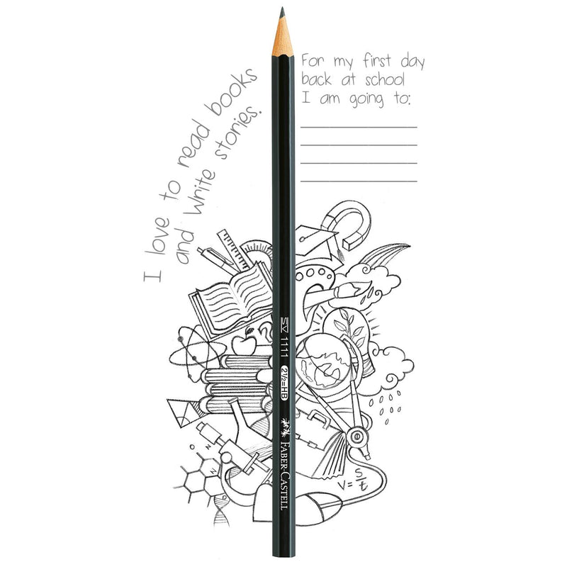 Faber-Castell 1111 HB pencil standing upright over a hand-drawn school doodle of books, a microscope and a globe with first day back at school writing lines