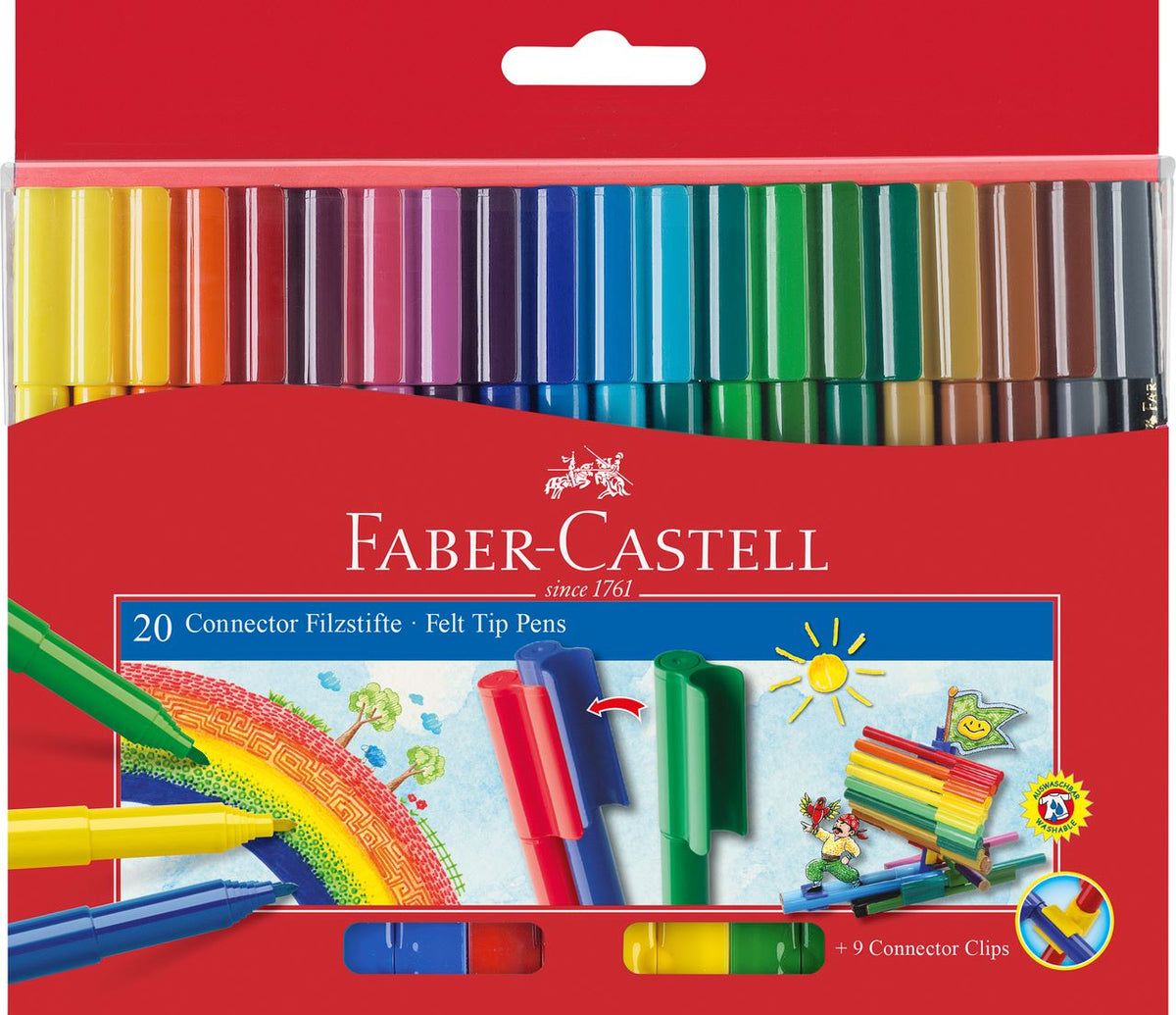 Faber-Castell 20 Connector felt tip pens cardboard wallet in red showing a rainbow of pen colours, rainbow artwork and 9 connector clips
