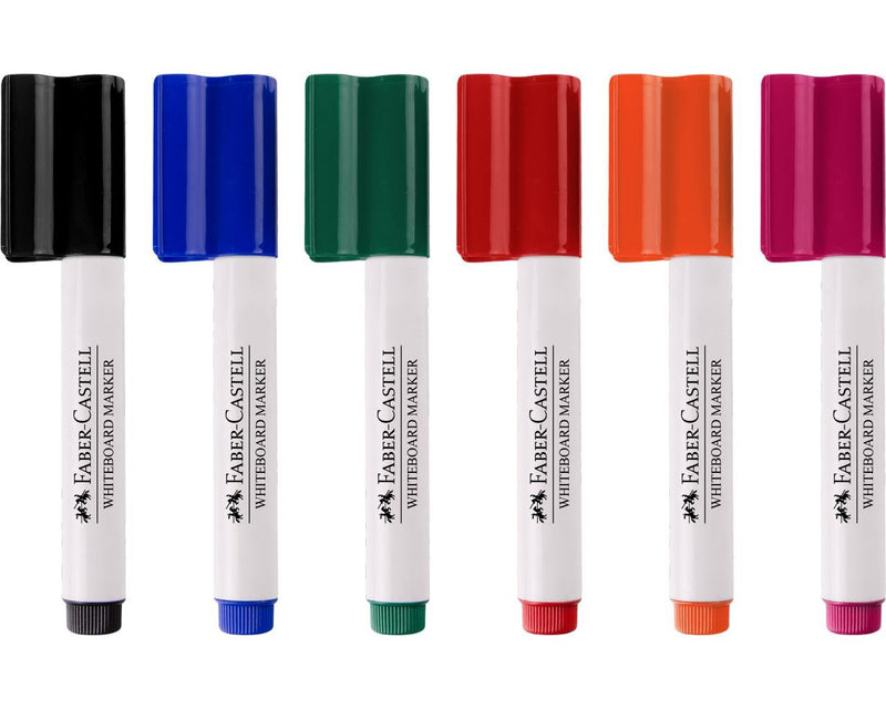 Six Faber-Castell whiteboard markers standing in a row with coloured caps on, white barrels printed with the Faber-Castell whiteboard marker name