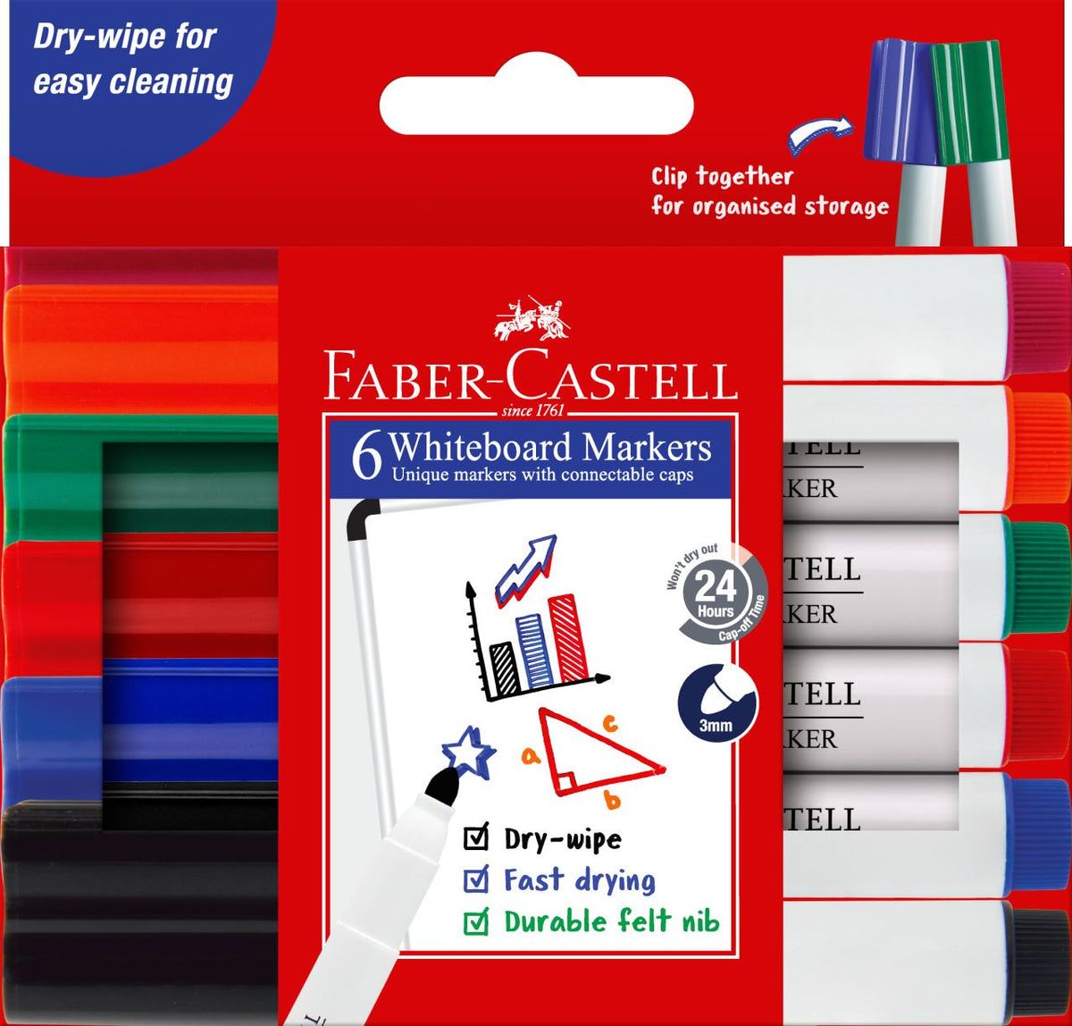 Faber-Castell 6 Whiteboard Markers wallet in red packaging showing clip together caps, 24 hour cap-off badge, 3mm tip icon and dry-wipe, fast drying labels