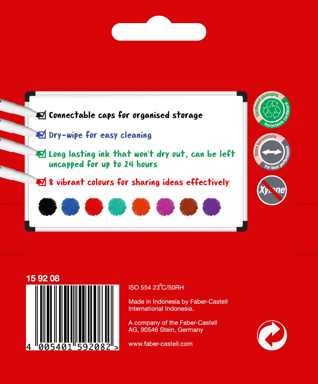 Back of the Faber-Castell Connector whiteboard marker wallet of 8 showing feature checklist, colour swatches and barcode