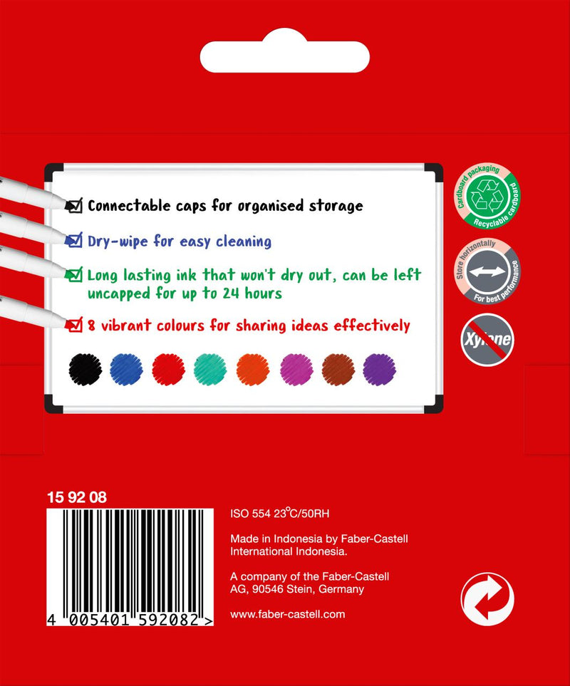 Back of the Faber-Castell Connector whiteboard marker wallet of 8 showing feature checklist, colour swatches and barcode
