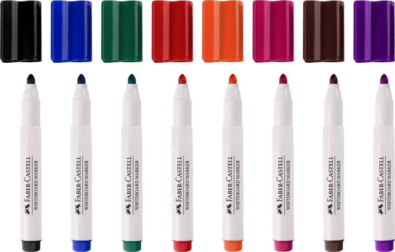 Eight Faber-Castell Connector whiteboard markers with caps removed in black, blue, green, red, orange, pink, brown and violet
