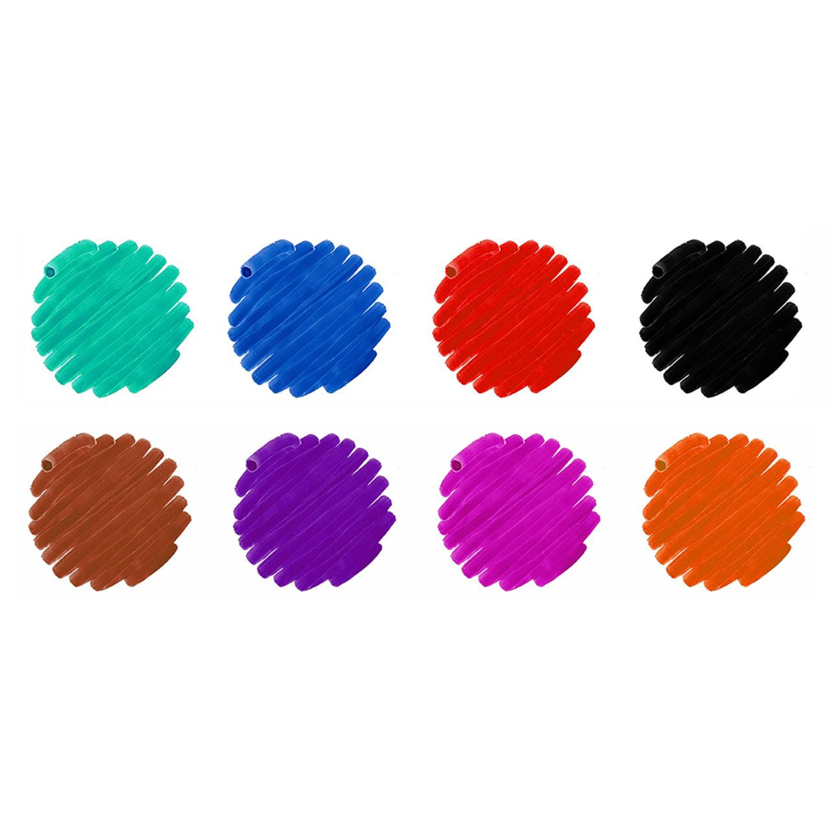 Eight scribbled colour swatches from Faber-Castell Connector whiteboard markers in teal, blue, red, black, brown, violet, pink and orange