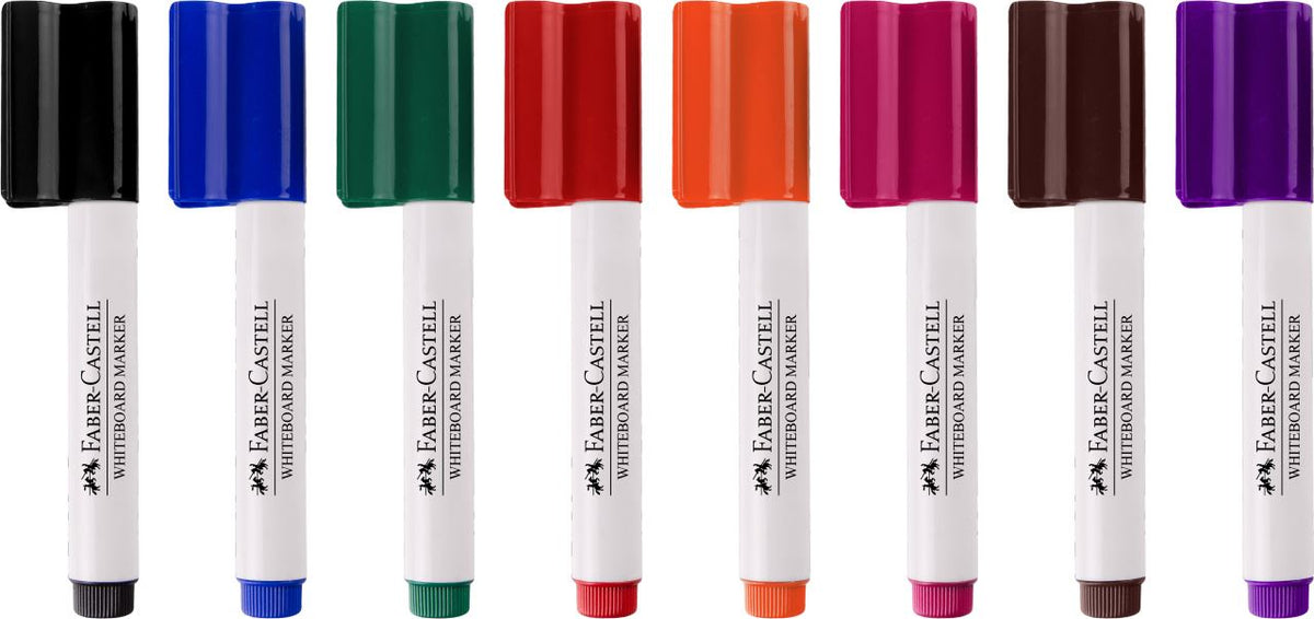 Row of eight capped Faber-Castell Connector whiteboard markers with white barrels and coloured connector caps