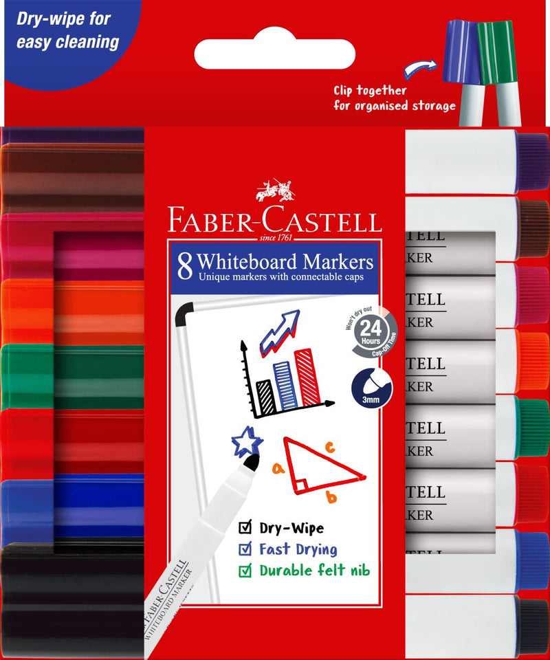 Faber-Castell 8 Whiteboard Markers wallet in red with connectable caps, chart and triangle artwork, 24 hour cap-off and 3mm tip badges