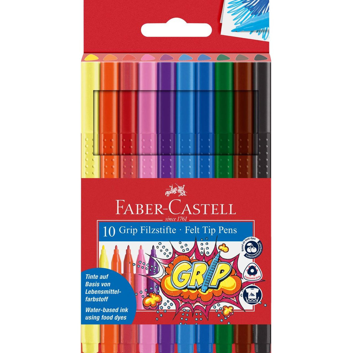 Faber-Castell 10 Grip felt tip pens in red cardboard wallet showing ten colour markers from yellow to black with raised dot grips and a comic style Grip graphic